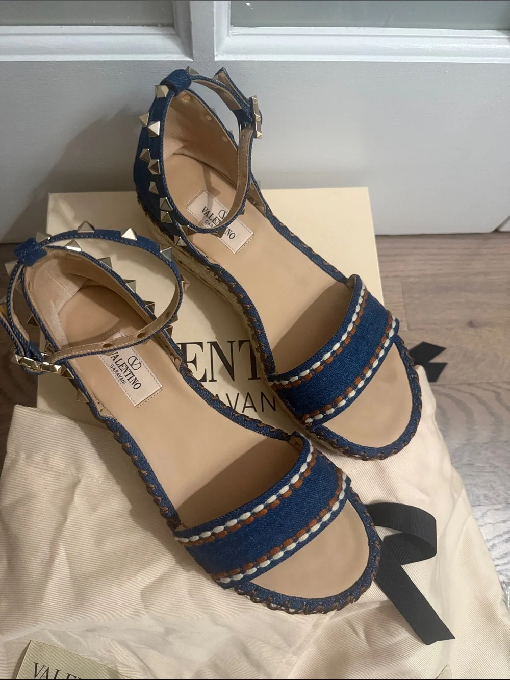 Valentino Denim Blue Espadrille Wedge Sandals with Studded Ankle Strap